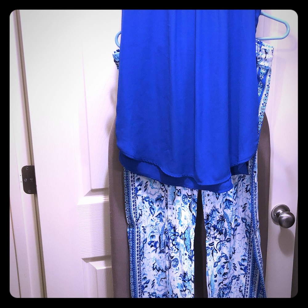 Blue top and pant outfit.